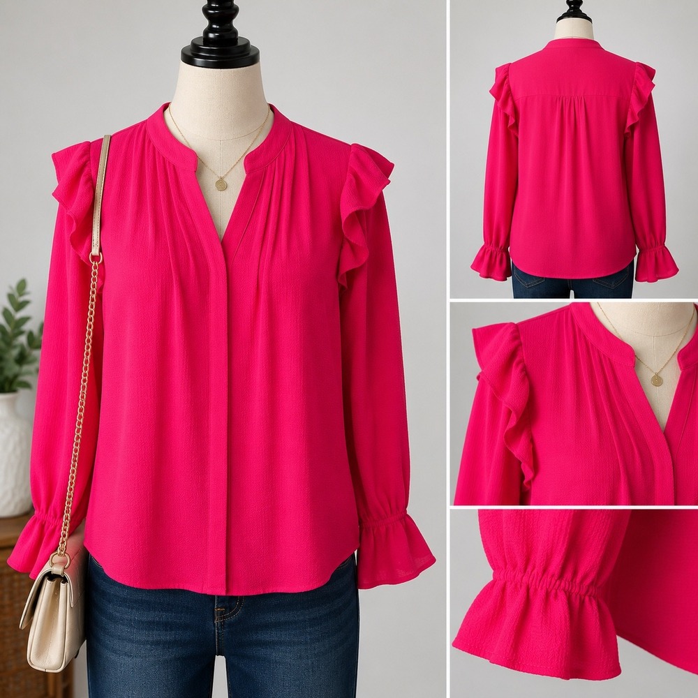 CeCe Womens Magenta Pink Ruffle Shoulder Pintuck Pleat Blouse Top Size M